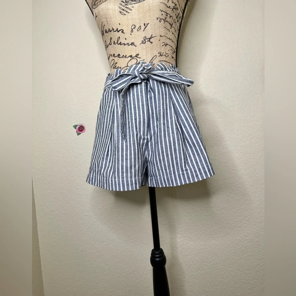 High-Waist Navy & White Striped Paperbag Shorts with Tie Waist